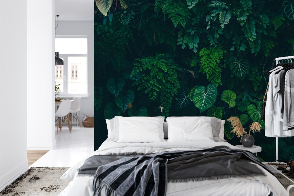 Tropikal Orman Arka Planına Karşı Koyu Yeşil Monstera Yaprakları, Doğa Temalı Duvar Posteri, 3D Duvar Kağıdı Yaprak Desenli Duvar Kağıtları 5