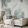 Create a Relaxing Oasis with Muted Green Colored Tropical Leaves on a Light Green Background - Self Adhesive Modern Wall Mural