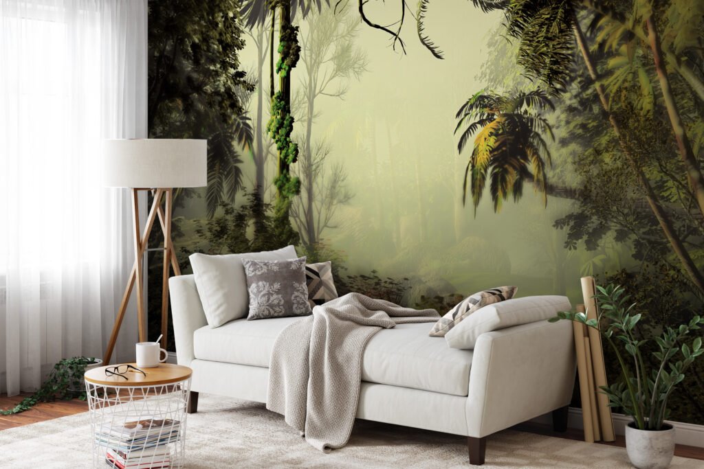Zarif Sisli Yeşil Orman Manzaralı Duvar Kağıdı, Palmiye Ağaçlı Yoğun Orman Tasarımlı 3D Duvar Posteri Orman Temalı Duvar Kağıtları 3