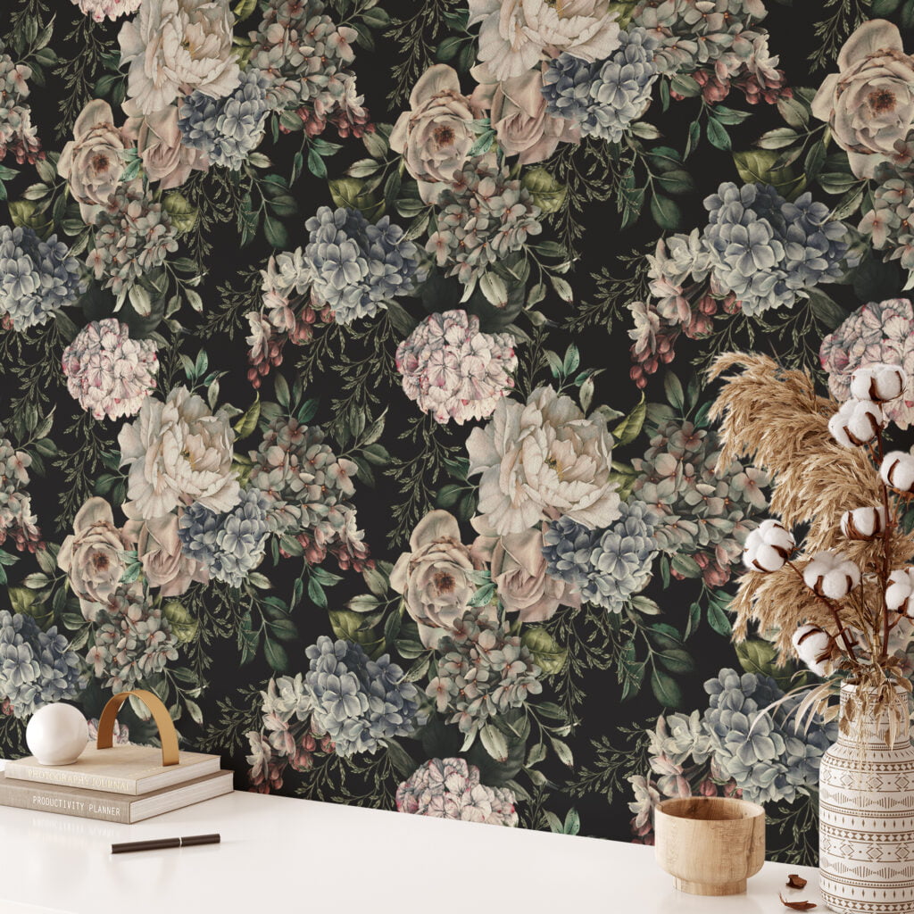 Modern Koyu Temalı Çiçek ve Yapraklar Duvar Kağıdı, Soyut Botanik Desenli Oturma Odası Dekoru için Duvar Posteri Çiçekli Duvar Kağıtları 3