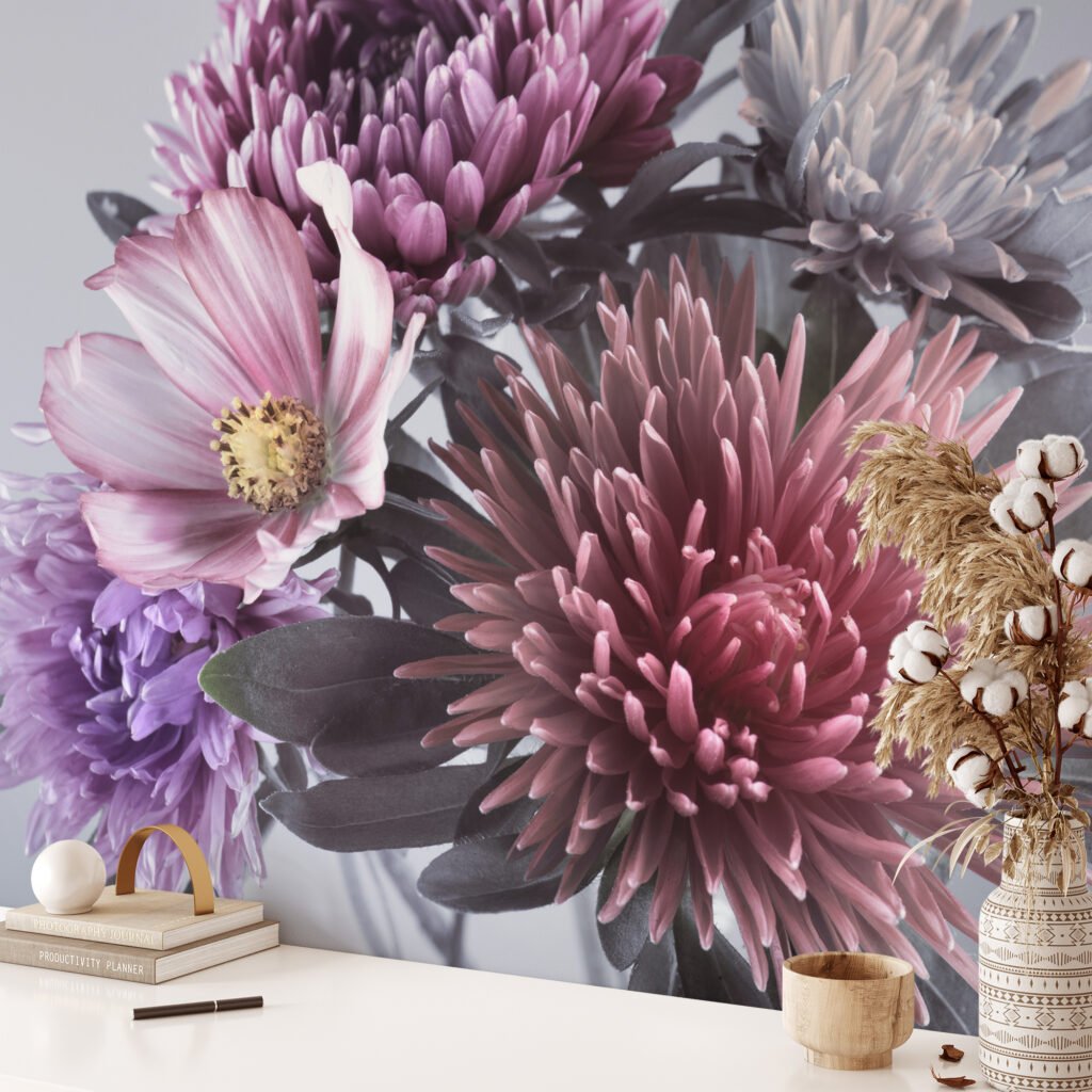 Canlı Büyük Aster Çiçekleri Desenli Duvar Kağıdı, Oturma Odası veya Yatak Odası İçin Renkli ve Etkileyici Çiçekli Duvar Posteri Çiçekli Duvar Kağıtları 3