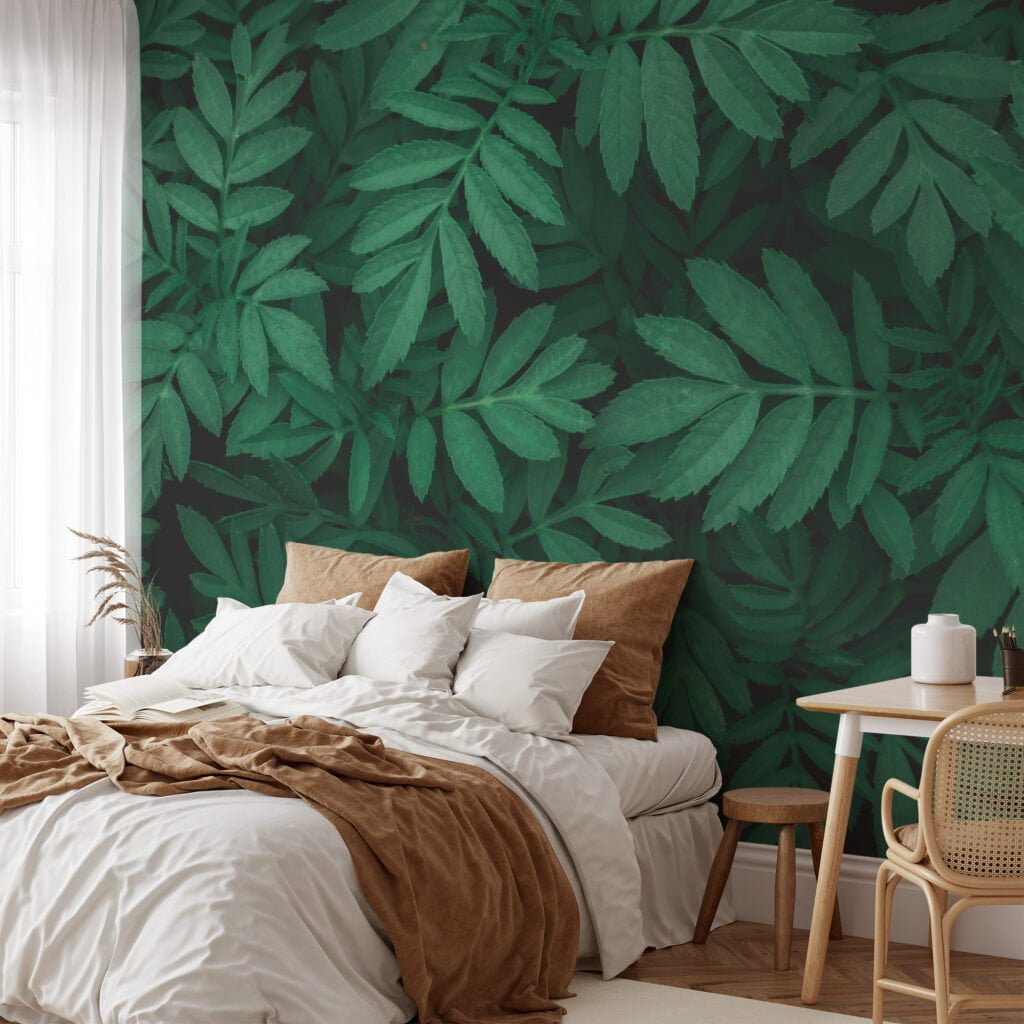 Yeşil Yaprak Desenli Duvar Kağıdı, Botanik 3D Duvar Kağıdı Yaprak Desenli Duvar Kağıtları 3