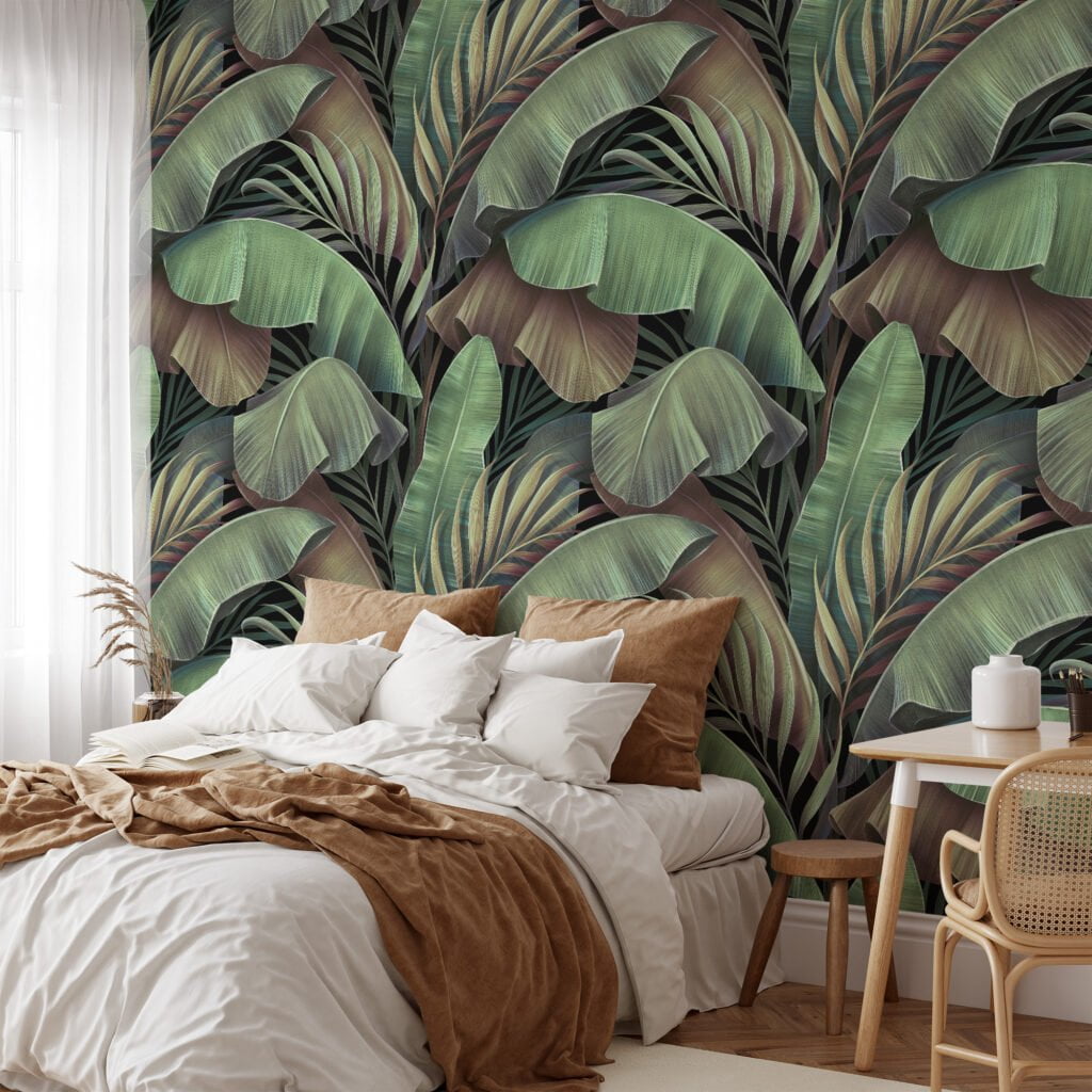 Büyük Tropikal Yeşil Muz Yaprakları Desenli Duvar Kağıdı, Doğa İlhamlı 3D Duvar Kağıdı Yaprak Desenli Duvar Kağıtları 3