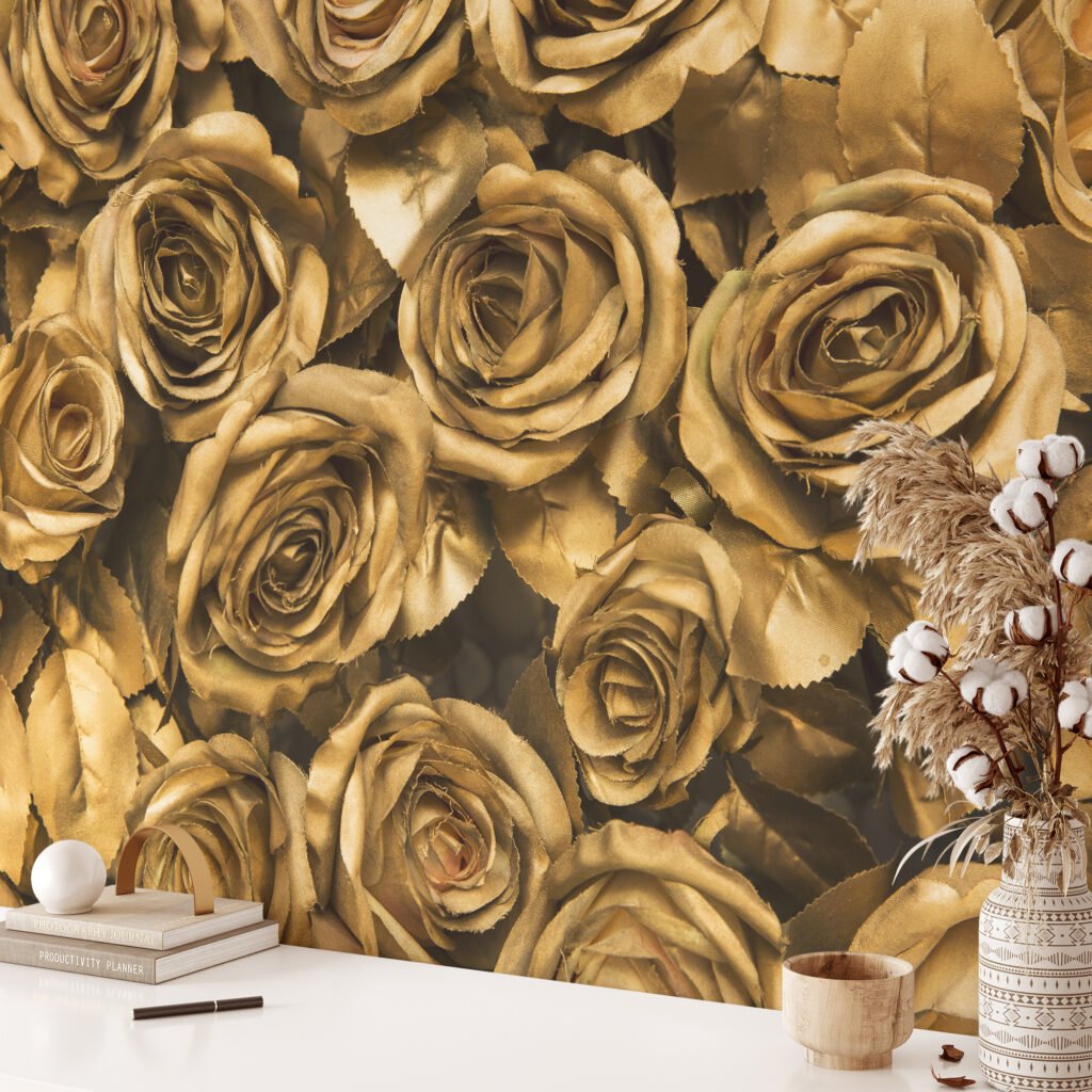 Büyük Altın Gül Desenli Duvar Kağıdı, Zarif ve Lüks Duvar Dekoru için 3D Duvar Posteri Çiçekli Duvar Kağıtları 3