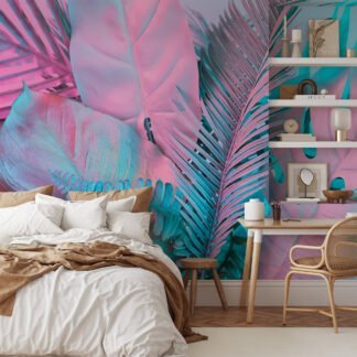 Renkli Tropikal Palmiye Yaprakları Duvar Kağıdı, Pembe ve Mavi Duvar Posteri Yaprak Desenli Duvar Kağıtları