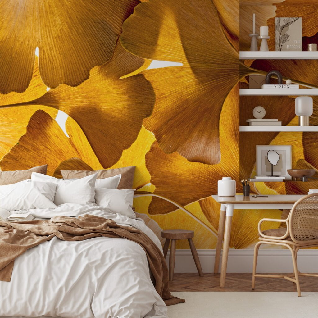 Sarı Büyük Yapraklarıyla Sonbahar Güzelliği, Doğa İlhamlı Evler İçin 3D Duvar Kağıdı Yaprak Desenli Duvar Kağıtları 2
