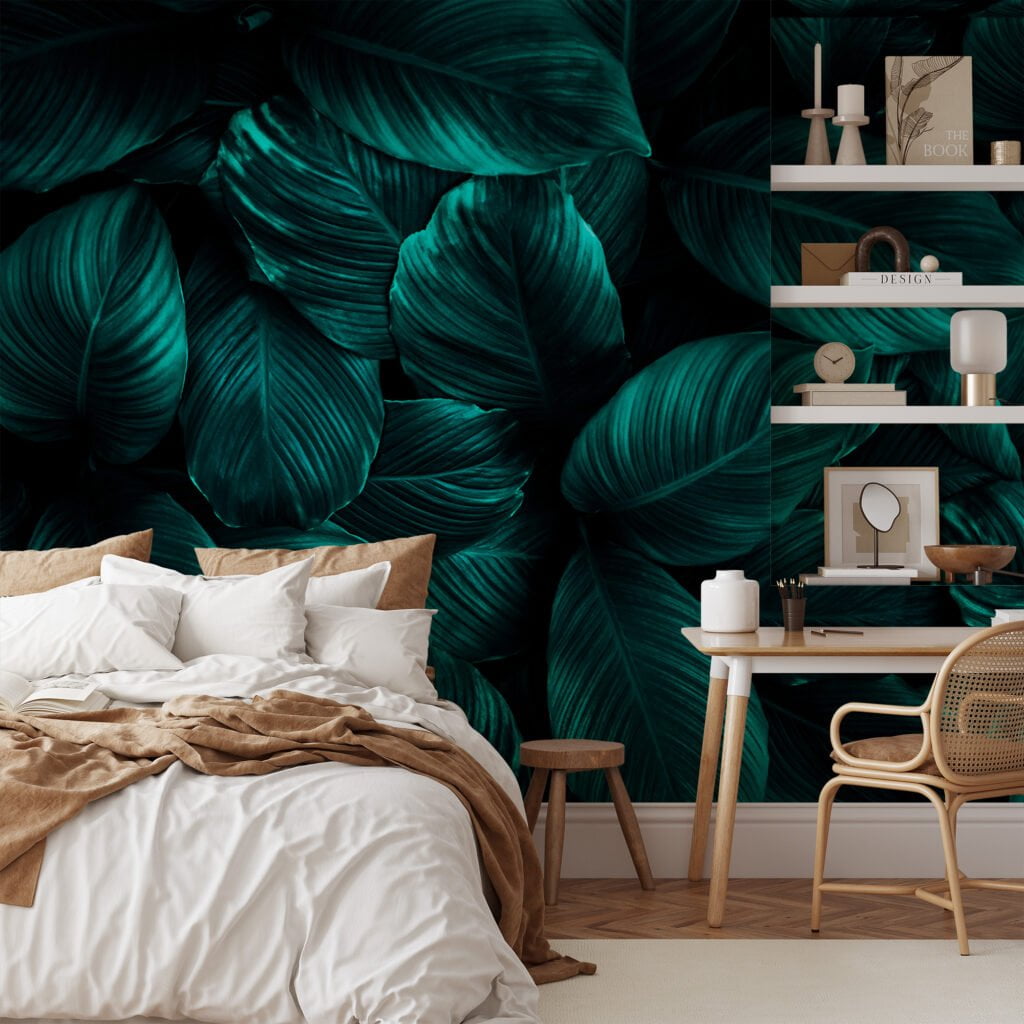 Zengin ve Lüks Koyu Yeşil Cannifolium Yaprak Desenli Duvar Kağıdı, Tropikal 3D Duvar Kağıdı Yaprak Desenli Duvar Kağıtları 2