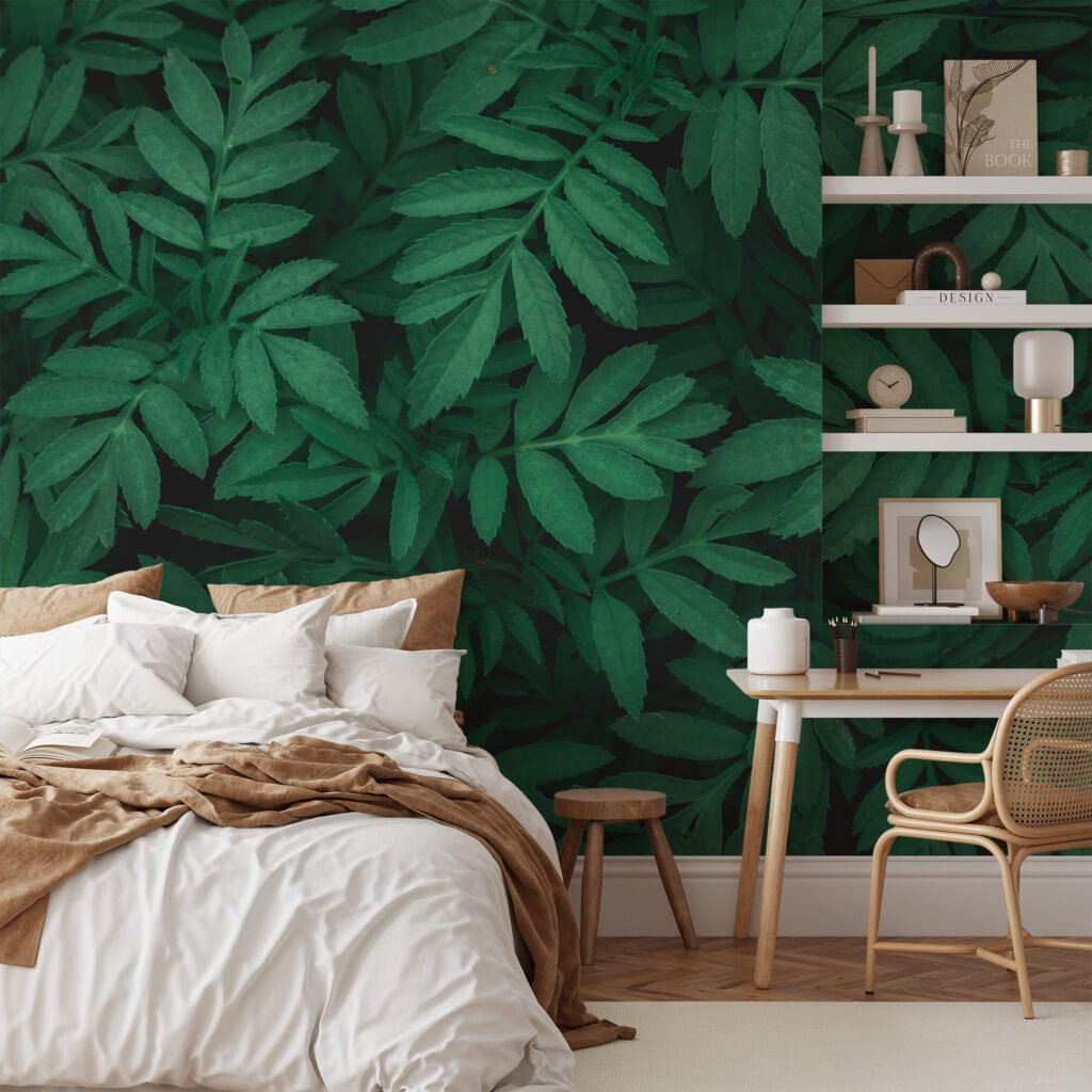 Yeşil Yaprak Desenli Duvar Kağıdı, Botanik 3D Duvar Kağıdı Yaprak Desenli Duvar Kağıtları 4