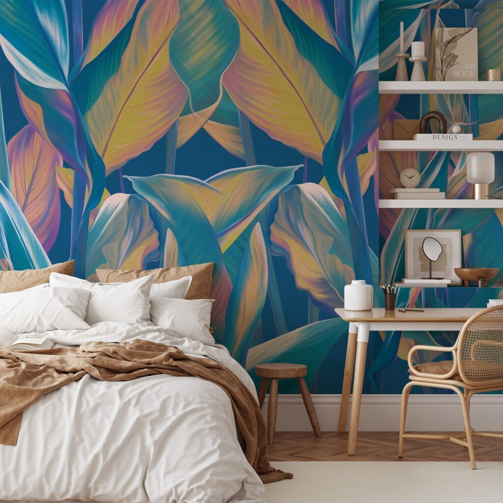 Mavi Tonlu Tropikal Yapraklar Desenli Duvar Kağıdı, Sakin Bir Atmosfer İçin Renkli Yapraklı 3D Duvar Kağıdı Yaprak Desenli Duvar Kağıtları 4