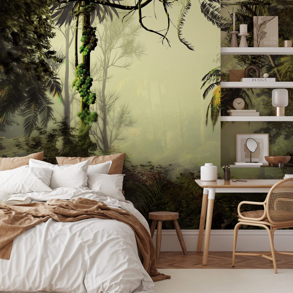 Zarif Sisli Yeşil Orman Manzaralı Duvar Kağıdı, Palmiye Ağaçlı Yoğun Orman Tasarımlı 3D Duvar Posteri Orman Temalı Duvar Kağıtları 4