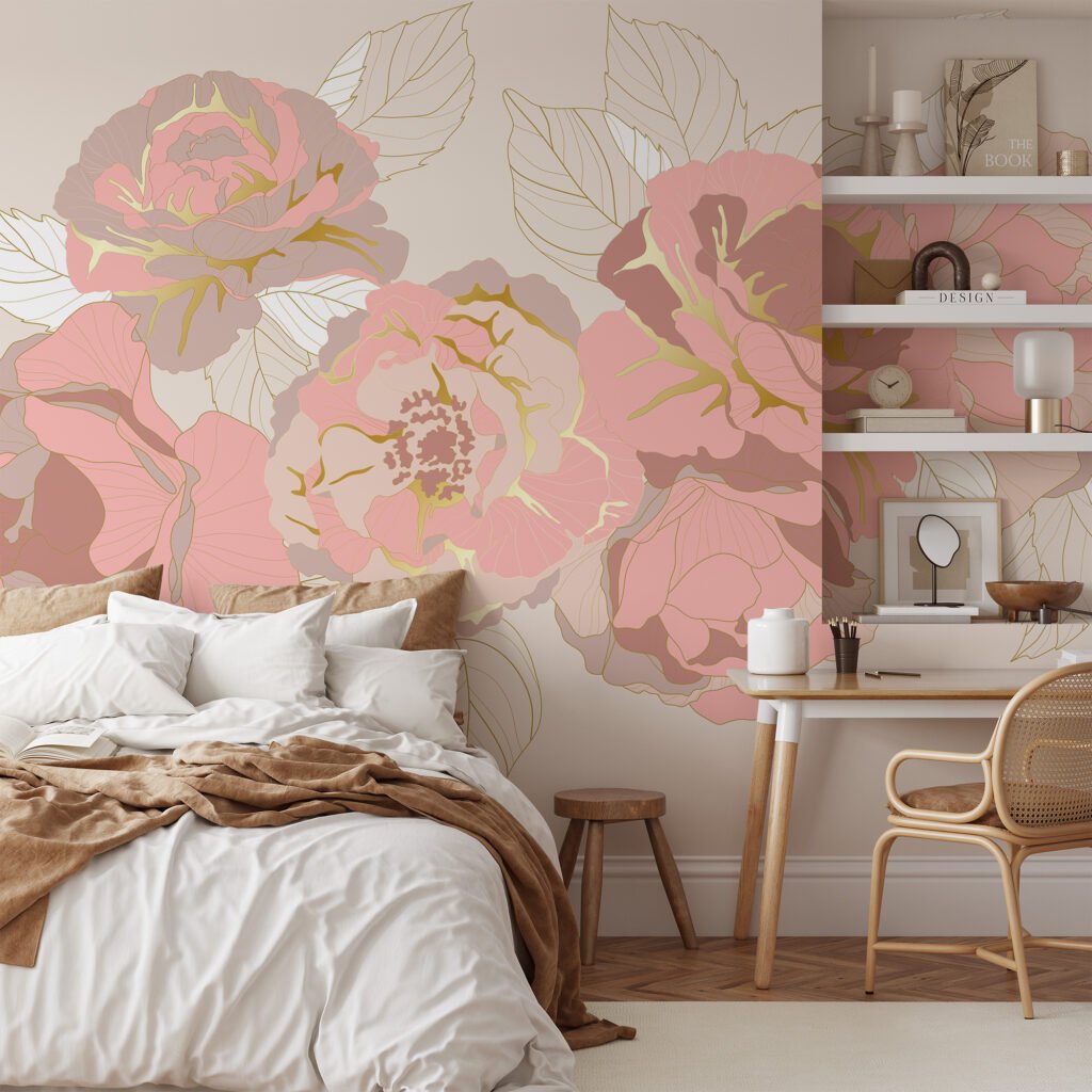 Altın Renkli Line Art İle Bezenmiş Şık Pembe Gül Desenli Duvar Kağıdı Çiçekli Duvar Kağıtları 8