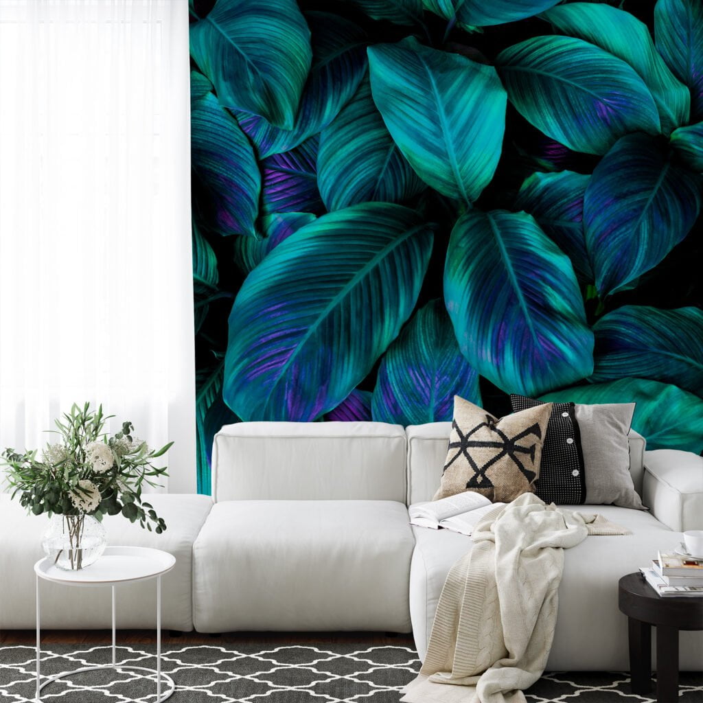 Yemyeşil Tropikal Yeşil Cannifolium Yapraklar, Mor Vurgularıyla Duvar Kağıdı, Güzel 3D Duvar Kağıdı Yaprak Desenli Duvar Kağıtları 4