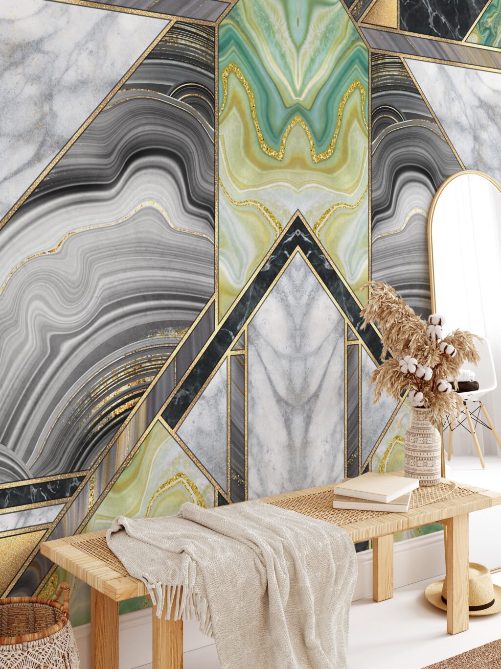 Yeşil ve Altın Mermer Desenli Duvar Kağıdı, Her Oda için Uygun 3D Duvar Posteri Mermer Duvar Kağıtları 5