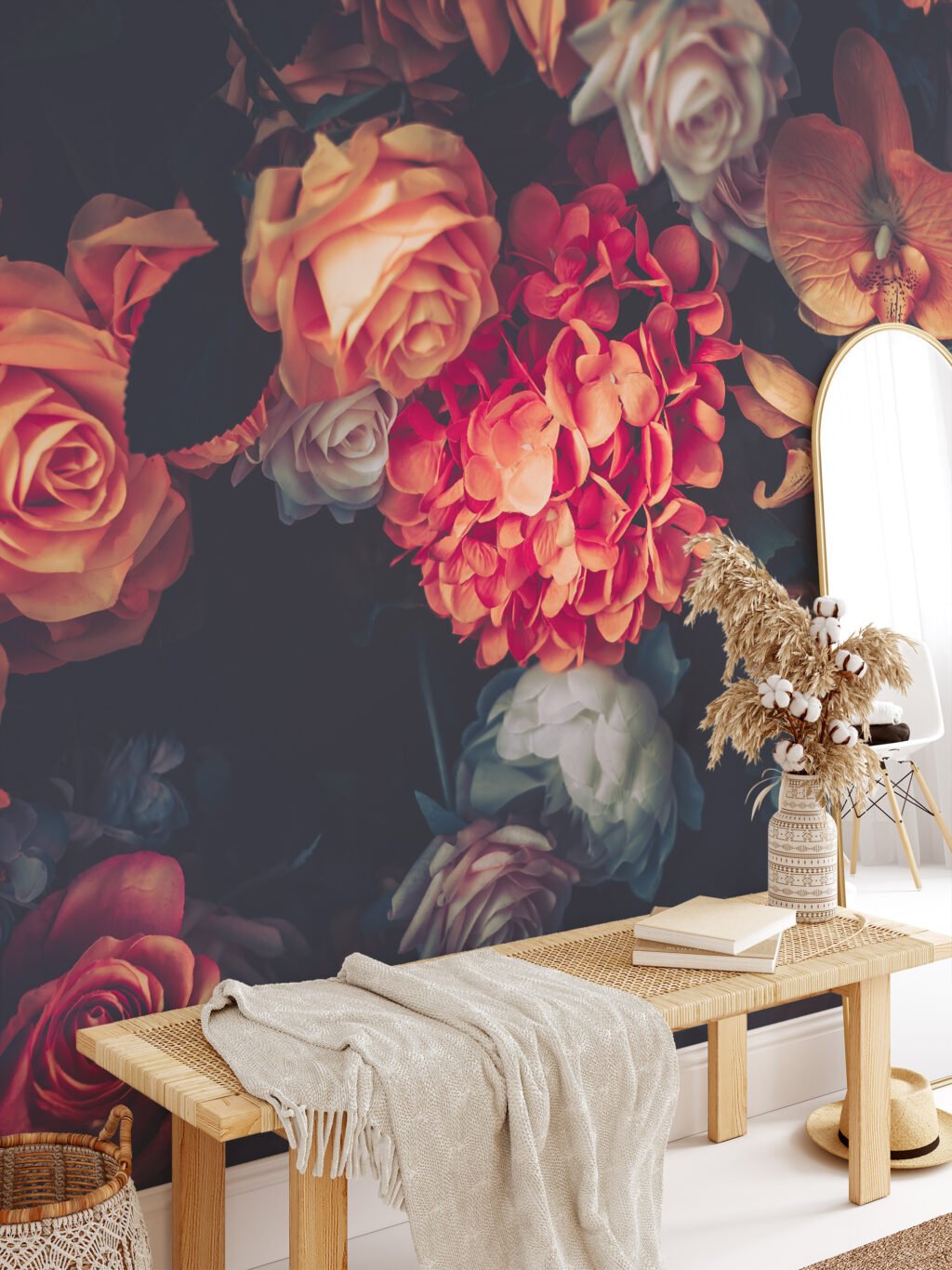 Koyu Arka Planlı Çiçek Buketi Duvar Kağıdı, Renkli Bir Duvar Dekoru için 3D Duvar Posteri Çiçekli Duvar Kağıtları 3