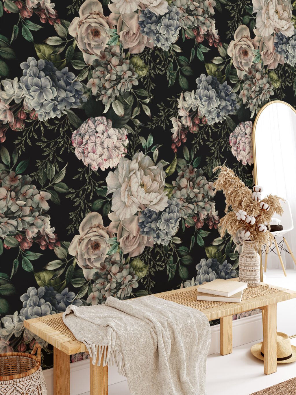 Modern Koyu Temalı Çiçek ve Yapraklar Duvar Kağıdı, Soyut Botanik Desenli Oturma Odası Dekoru için Duvar Posteri Çiçekli Duvar Kağıtları 4