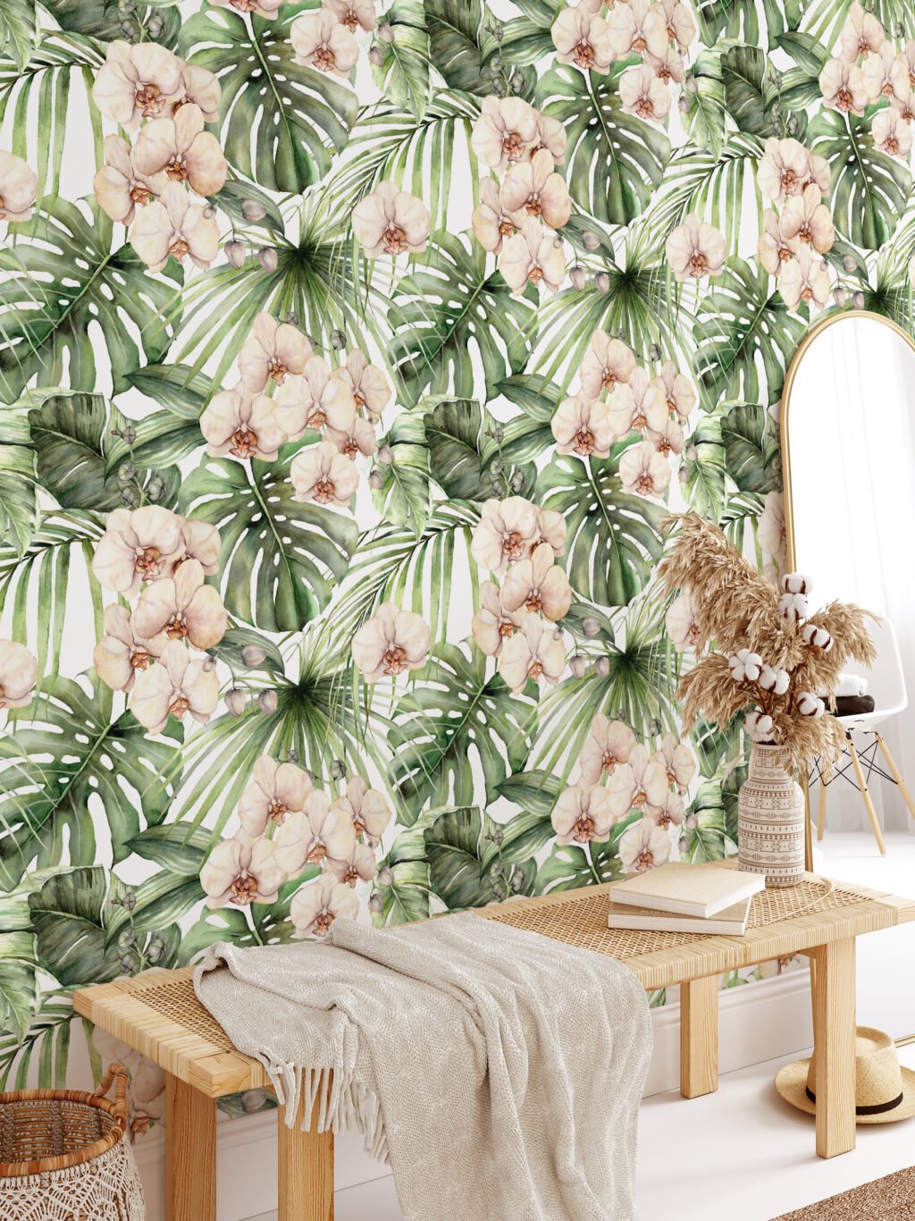 Tropikal Palmiye Yaprakları ve Orkideler Resimli Duvar Kağıdı, Dinlendirici Bir Oda için Duvar Posteri Çiçekli Duvar Kağıtları 2
