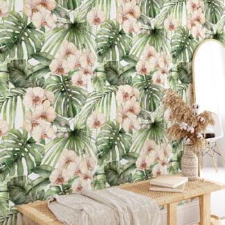 Tropikal Palmiye Yaprakları ve Orkideler Resimli Duvar Kağıdı, Dinlendirici Bir Oda için Duvar Posteri Çiçekli Duvar Kağıtları