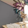 Sophisticated Abstract Flower Wallpaper on Grey Background, Modern Self Adhesive Wall Mural for Bedrooms