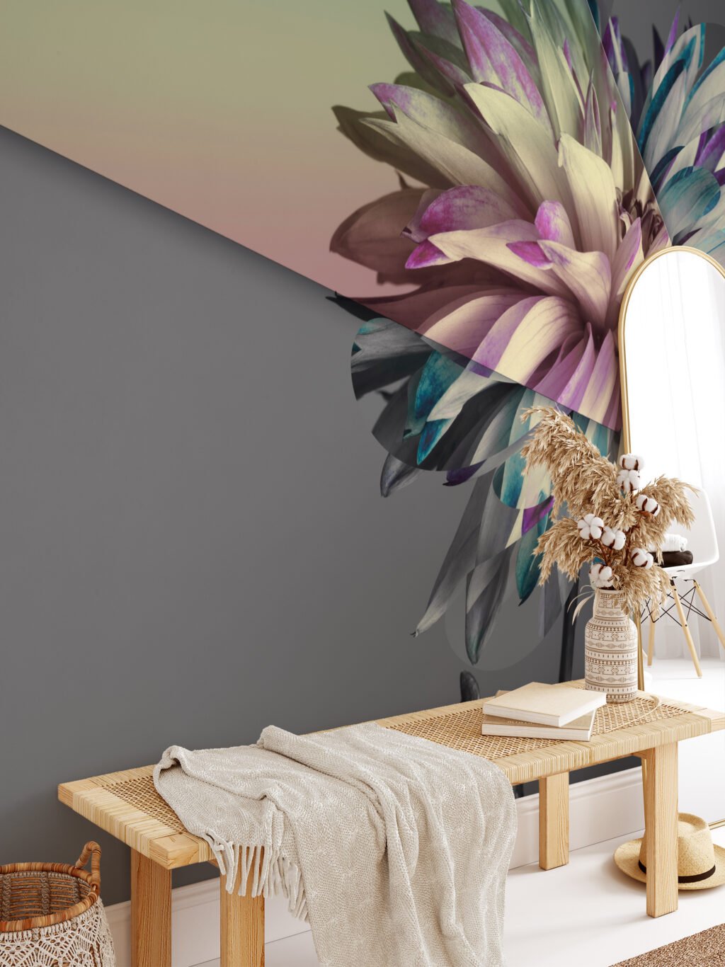 Soyut Çiçek Desenli Gri Arka Planlı Duvar Kağıdı, Modern Yatak Odaları için Duvar Posteri Çiçekli Duvar Kağıtları 2