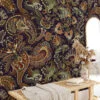 Earthy Traditional Floral Pattern with Dark Background Peel and Stick Wallpaper for a Cozy Home