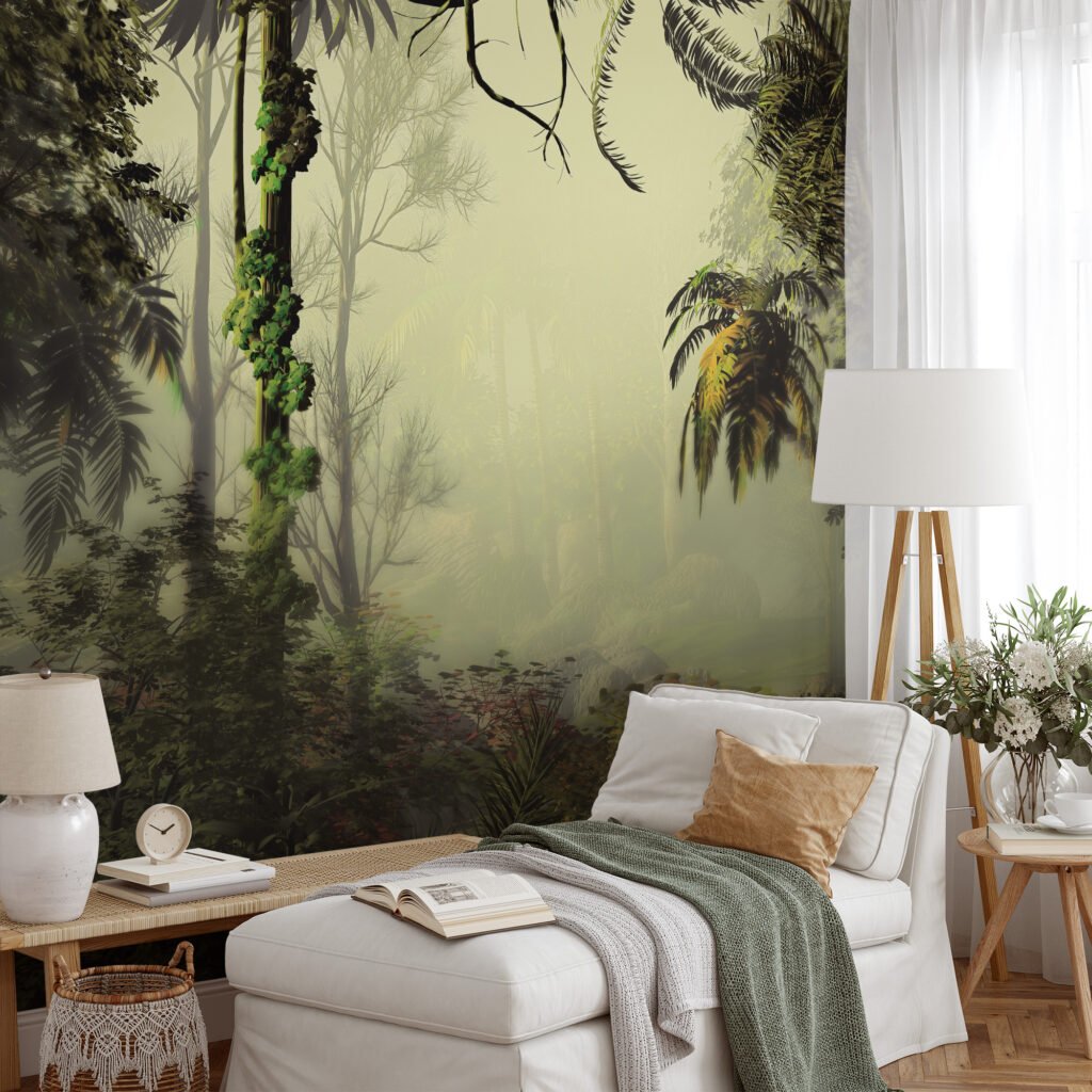 Zarif Sisli Yeşil Orman Manzaralı Duvar Kağıdı, Palmiye Ağaçlı Yoğun Orman Tasarımlı 3D Duvar Posteri Orman Temalı Duvar Kağıtları 5