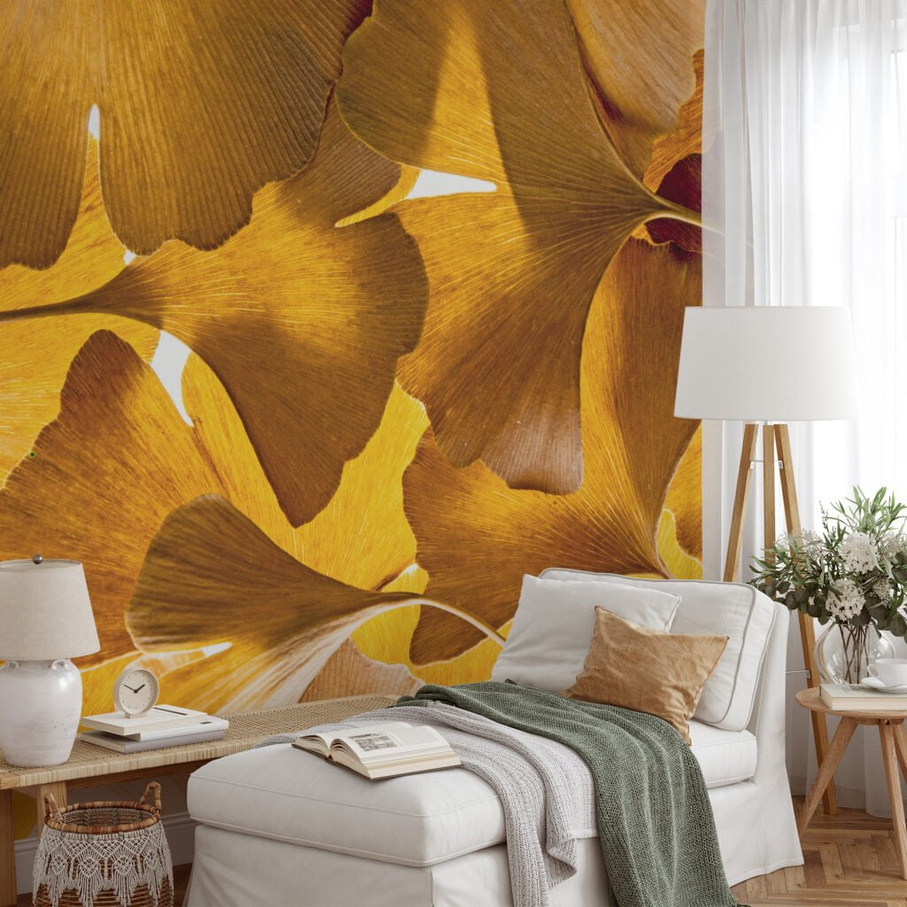 Sarı Büyük Yapraklarıyla Sonbahar Güzelliği, Doğa İlhamlı Evler İçin 3D Duvar Kağıdı Yaprak Desenli Duvar Kağıtları 4