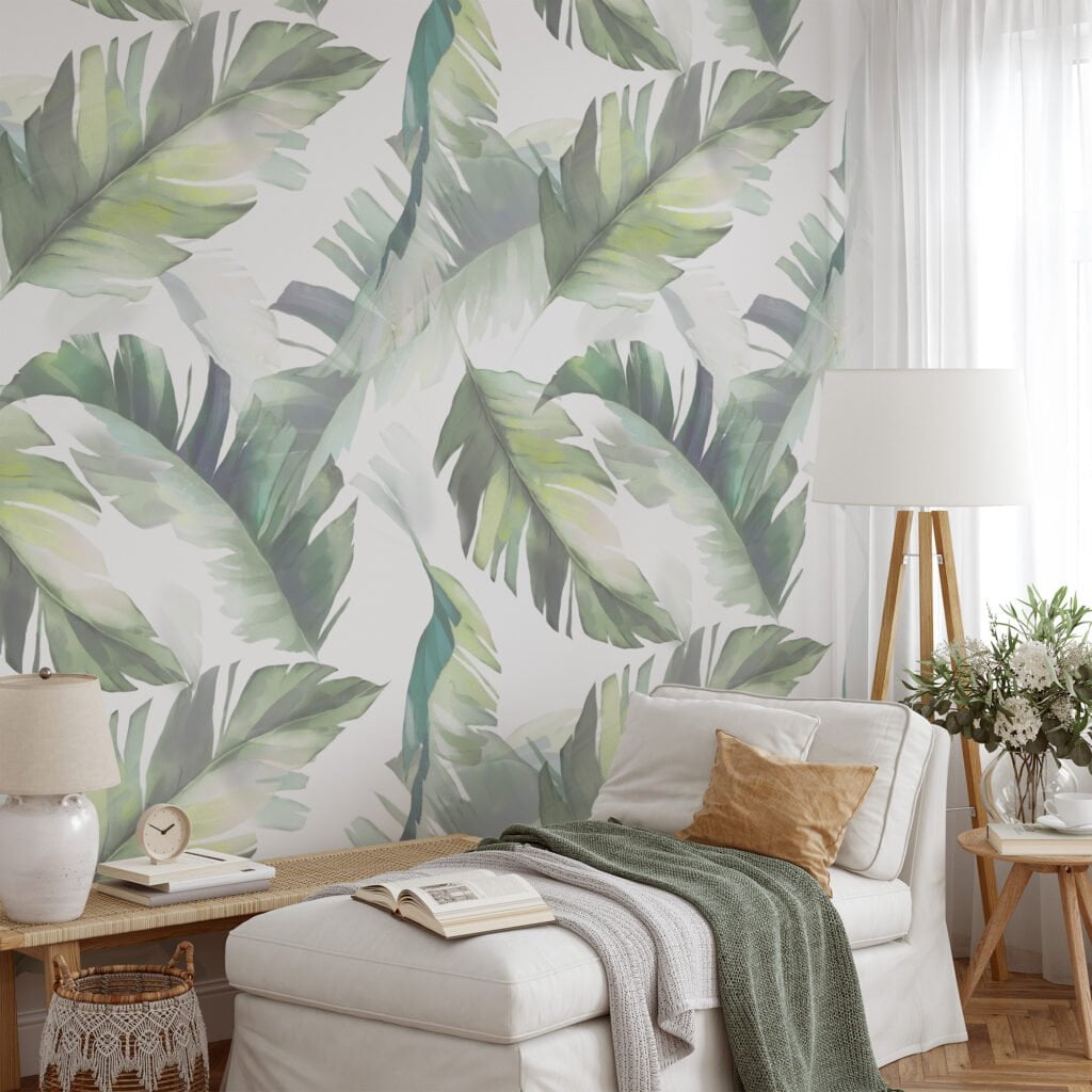 Sulu Boya Renkli Yapraklar, Beyaz Zeminli Duvar Kağıdı, Modern ve Rahatlatıcı 3D Duvar Kağıdı Yaprak Desenli Duvar Kağıtları 4