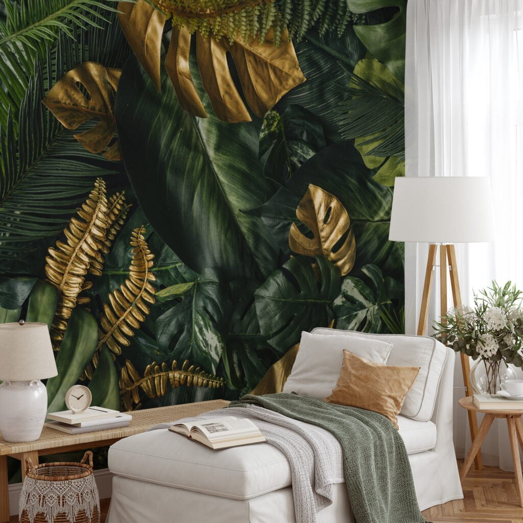 Canlı Altın ve Yeşil Tropikal Yapraklar, Orman Arka Planlı Duvar Kağıdı, Yemyeşil 3D Duvar Kağıdı Yaprak Desenli Duvar Kağıtları 2