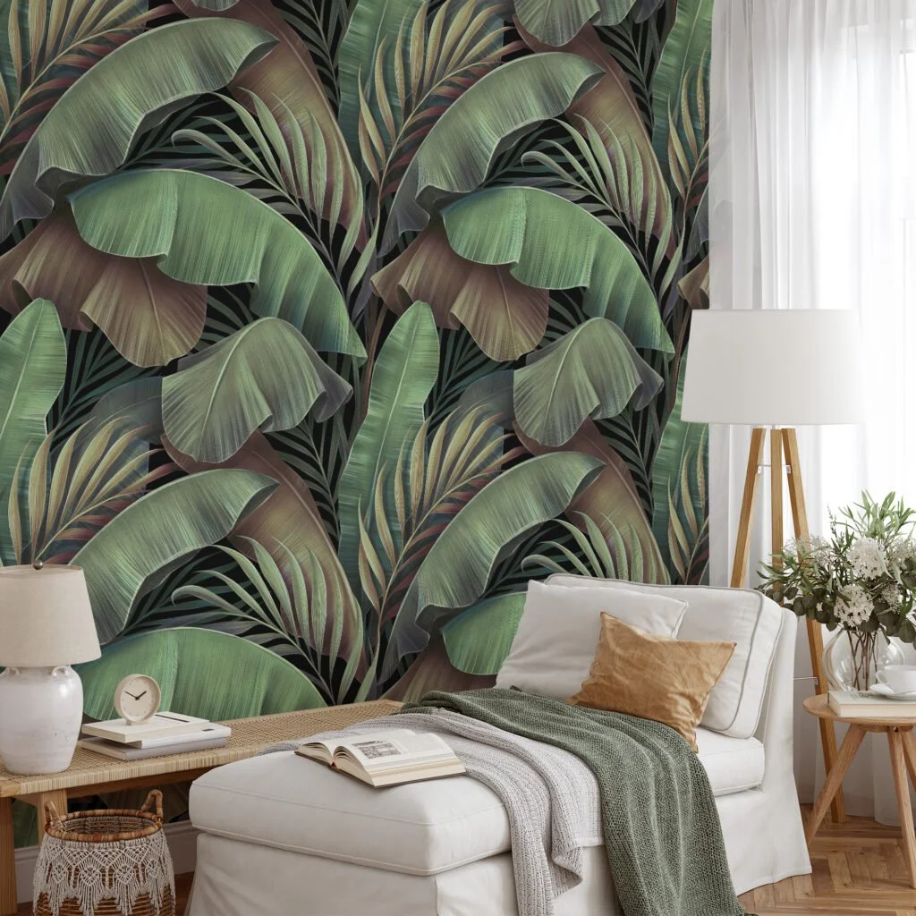 Büyük Tropikal Yeşil Muz Yaprakları Desenli Duvar Kağıdı, Doğa İlhamlı 3D Duvar Kağıdı Yaprak Desenli Duvar Kağıtları 4