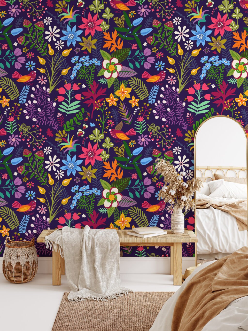 Renkli Çiçek Desenli Modern Duvar Kağıdı, Çiçekli Mor Duvar Posteri Çiçekli Duvar Kağıtları 4