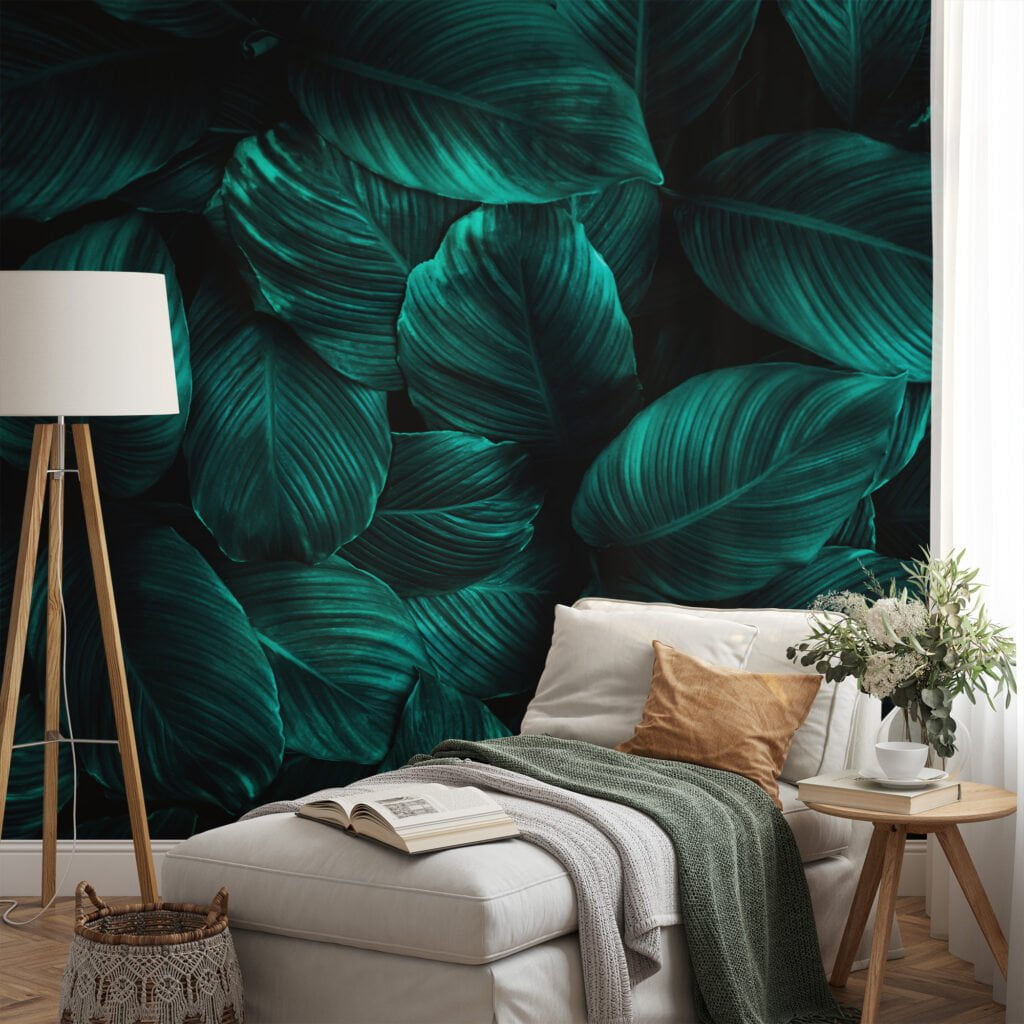 Zengin ve Lüks Koyu Yeşil Cannifolium Yaprak Desenli Duvar Kağıdı, Tropikal 3D Duvar Kağıdı Yaprak Desenli Duvar Kağıtları 4