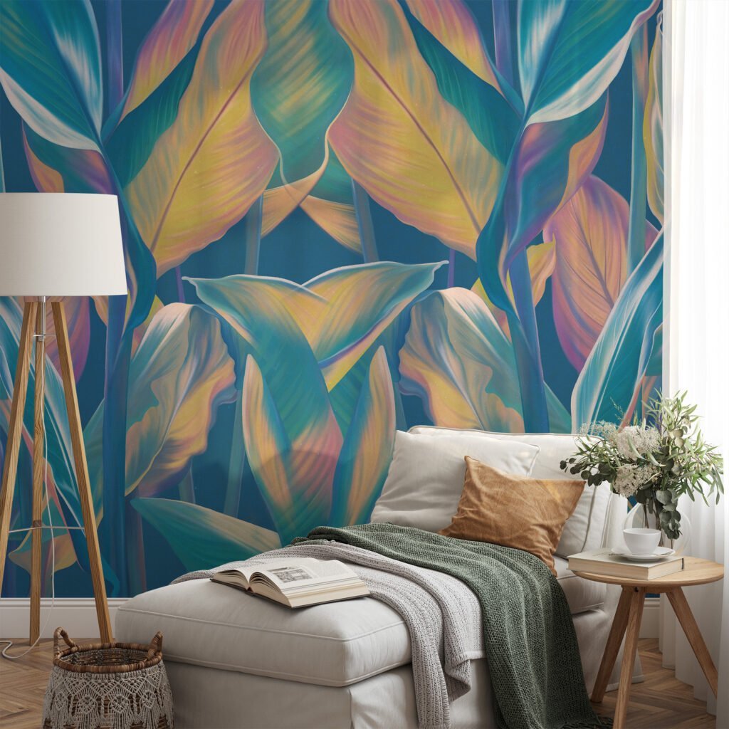 Mavi Tonlu Tropikal Yapraklar Desenli Duvar Kağıdı, Sakin Bir Atmosfer İçin Renkli Yapraklı 3D Duvar Kağıdı Yaprak Desenli Duvar Kağıtları 2