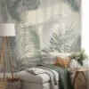 Create a Relaxing Oasis with Muted Green Colored Tropical Leaves on a Light Green Background - Self Adhesive Modern Wall Mural