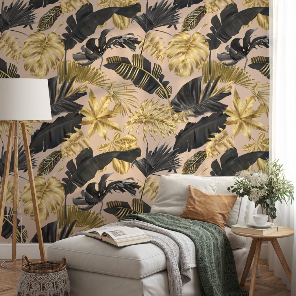 Lüks Altın ve Siyah Tropikal Yapraklar, Şeftali Pembesi Zemin Üzerine Modern 3D Duvar Kağıdı Yaprak Desenli Duvar Kağıtları 5