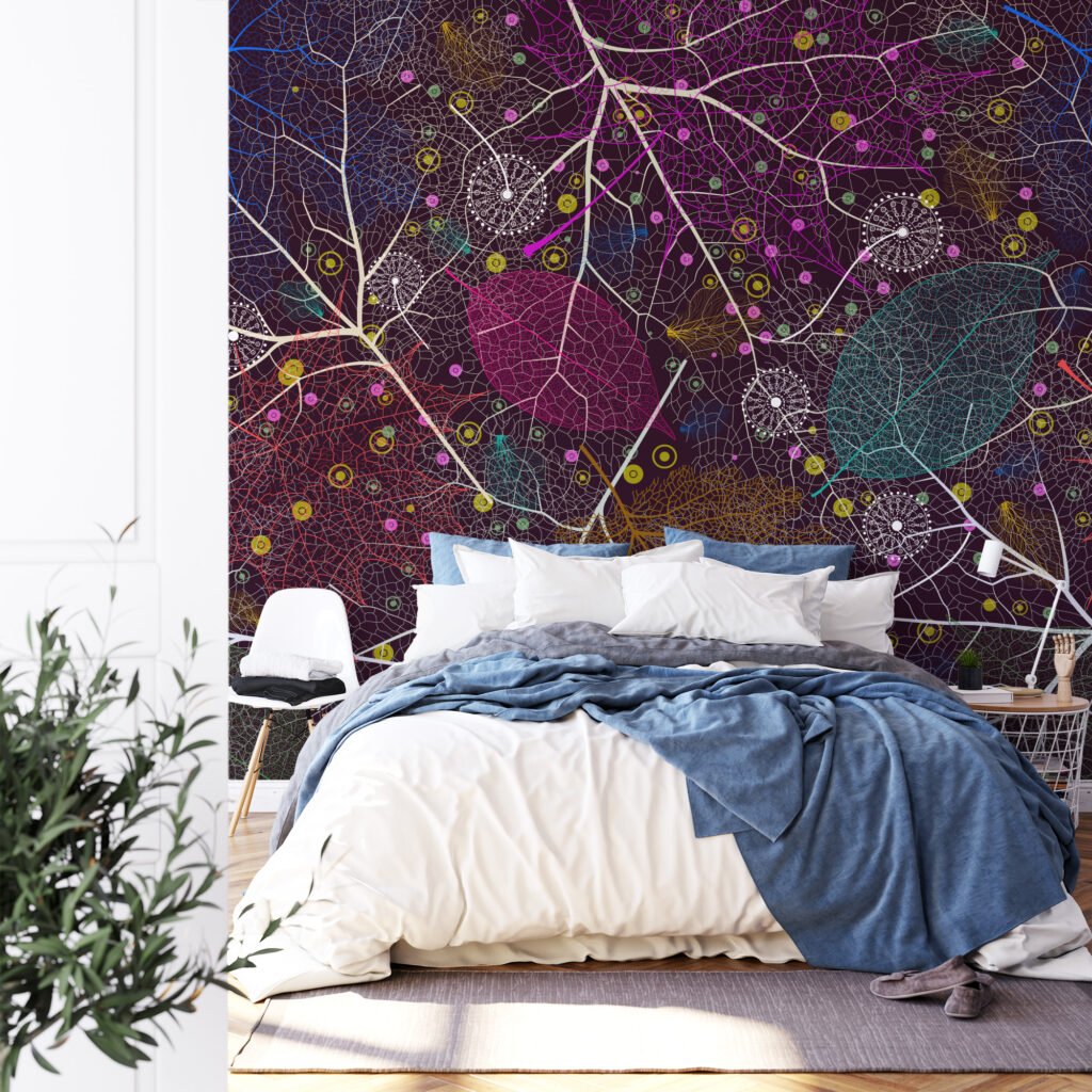 Koyu Zemin Üzerine Renkli Soyut Yapraklar, Sanatsal Damarsı Desenli Modern Duvar Kağıdı Soyut Duvar Kağıtları 5