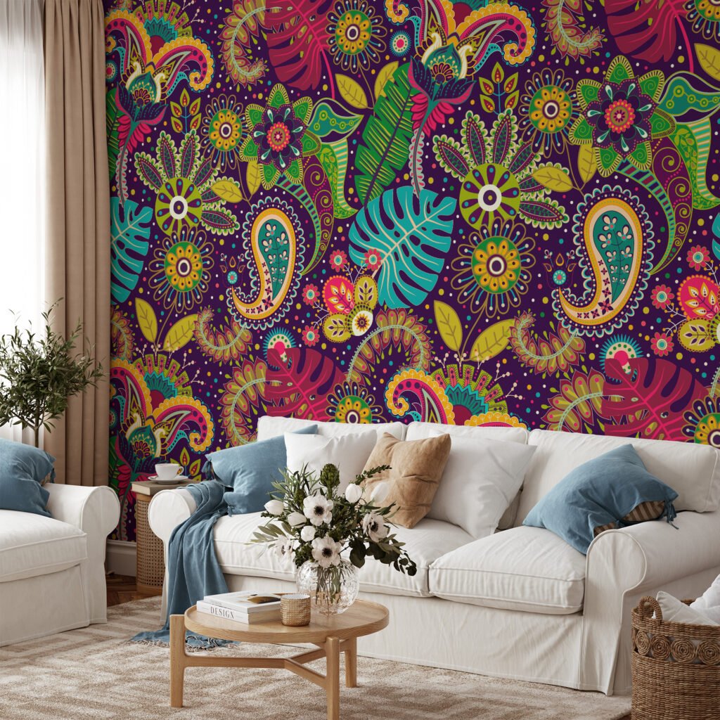Renkli Geleneksel Çiçek ve Yaprak İllüstrasyonu Duvar Kağıdı, Canlı Bir Ev Dekoru için Duvar Posteri Çiçekli Duvar Kağıtları 5