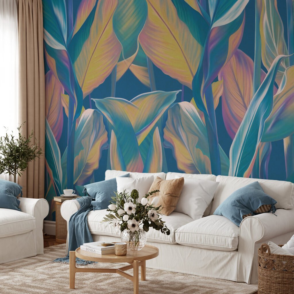 Mavi Tonlu Tropikal Yapraklar Desenli Duvar Kağıdı, Sakin Bir Atmosfer İçin Renkli Yapraklı 3D Duvar Kağıdı Yaprak Desenli Duvar Kağıtları 6