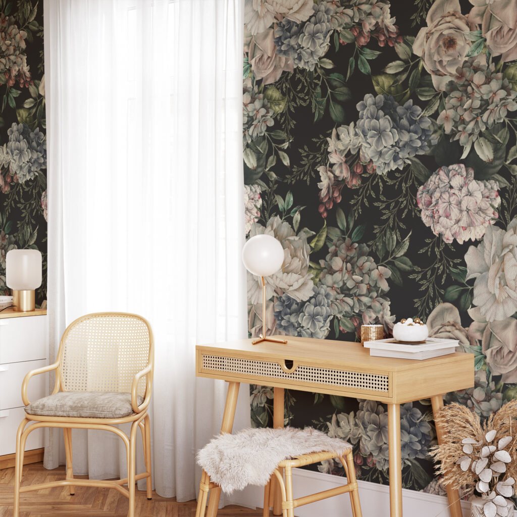 Modern Koyu Temalı Çiçek ve Yapraklar Duvar Kağıdı, Soyut Botanik Desenli Oturma Odası Dekoru için Duvar Posteri Çiçekli Duvar Kağıtları 5