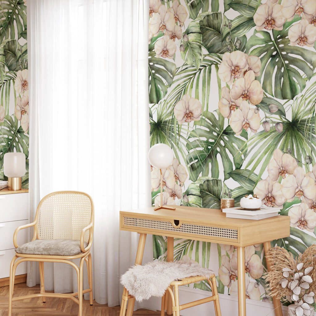 Tropikal Palmiye Yaprakları ve Orkideler Resimli Duvar Kağıdı, Dinlendirici Bir Oda için Duvar Posteri Çiçekli Duvar Kağıtları 3