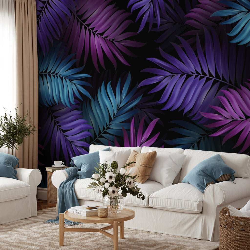 Mor Fuşya ve Aqua Renkli Büyük Tropikal Yapraklar, Canlı Alan İçin Koyu Çiçekli 3D Duvar Kağıdı Yaprak Desenli Duvar Kağıtları 4