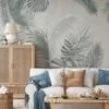 Create a Relaxing Oasis with Muted Green Colored Tropical Leaves on a Light Green Background - Self Adhesive Modern Wall Mural