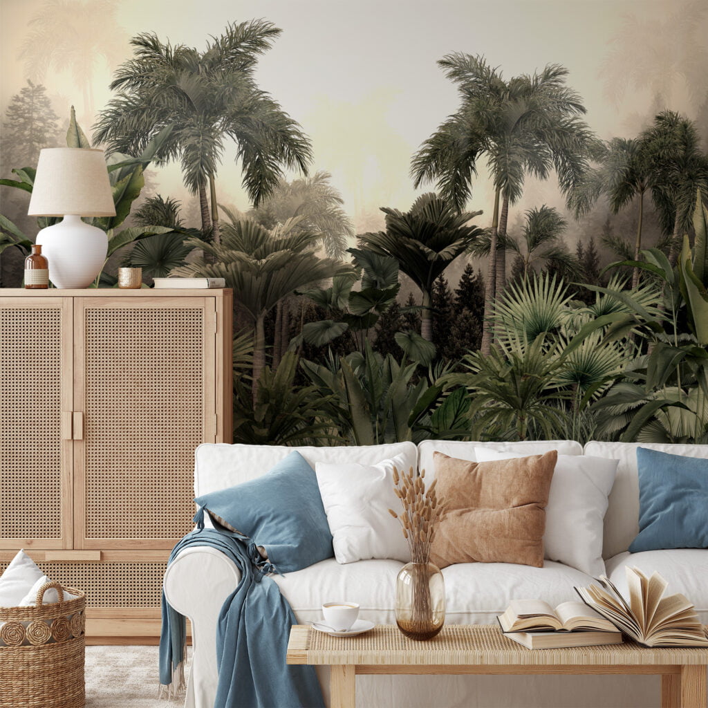 Sisli Orman Temalı Duvar Kağıdı, Palmiye Ağaçlı ve Büyük Yapraklı Tropikal Egzotik Tasarımlı 3D Duvar Posteri Orman Temalı Duvar Kağıtları 4