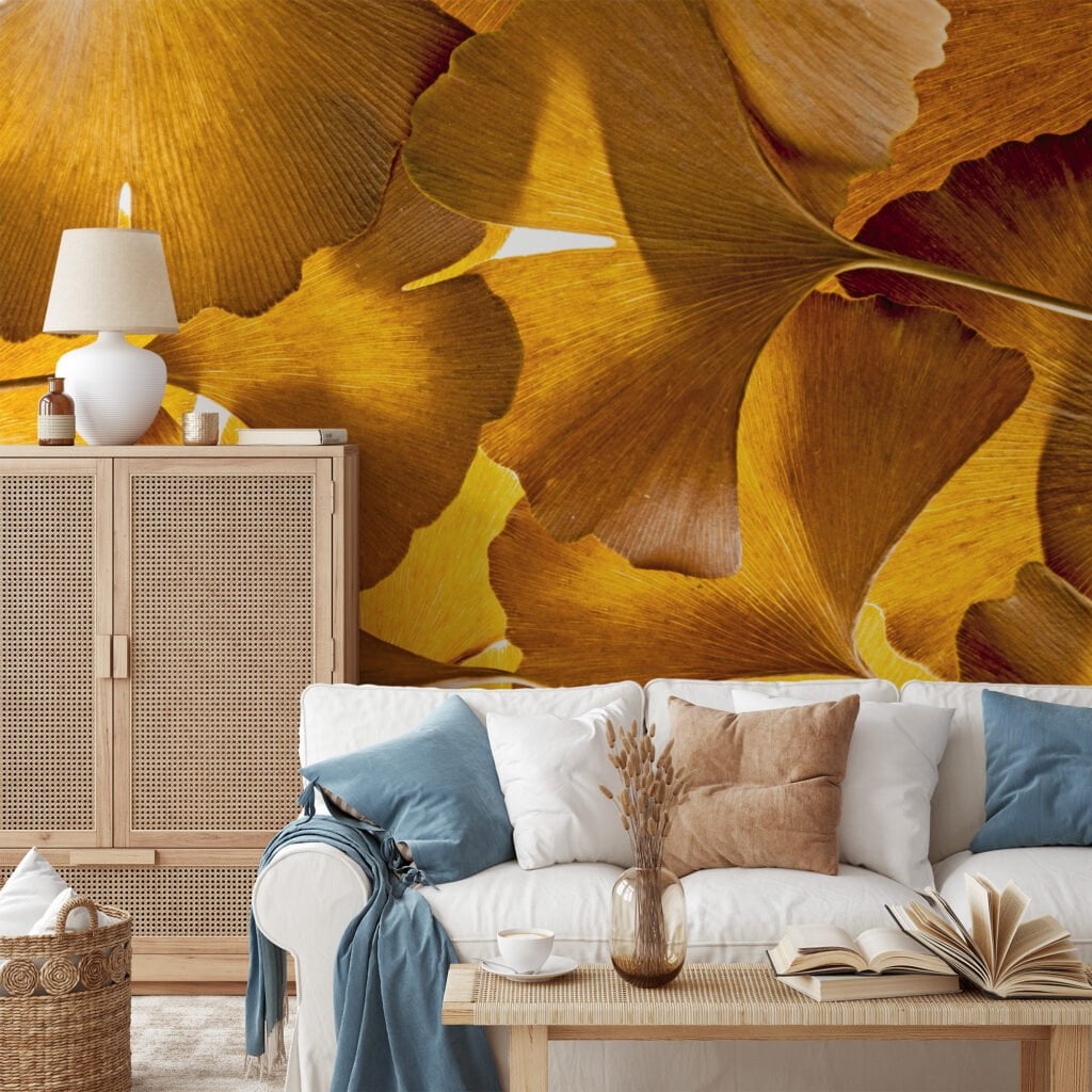 Sarı Büyük Yapraklarıyla Sonbahar Güzelliği, Doğa İlhamlı Evler İçin 3D Duvar Kağıdı Yaprak Desenli Duvar Kağıtları 5