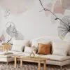 Exquisite Minimalist Grey and Nude Wallpaper with Delicate Floral Line Art for a Timeless Appeal