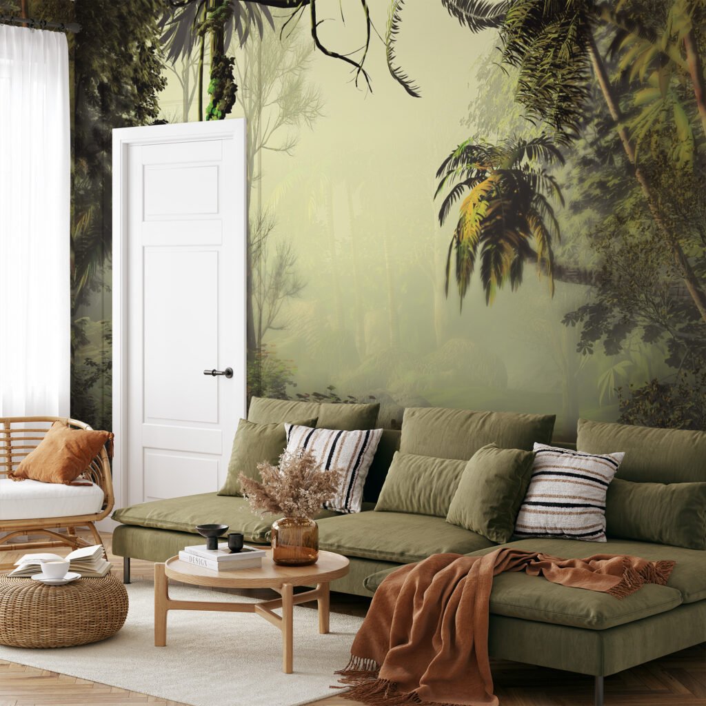 Zarif Sisli Yeşil Orman Manzaralı Duvar Kağıdı, Palmiye Ağaçlı Yoğun Orman Tasarımlı 3D Duvar Posteri Orman Temalı Duvar Kağıtları 6