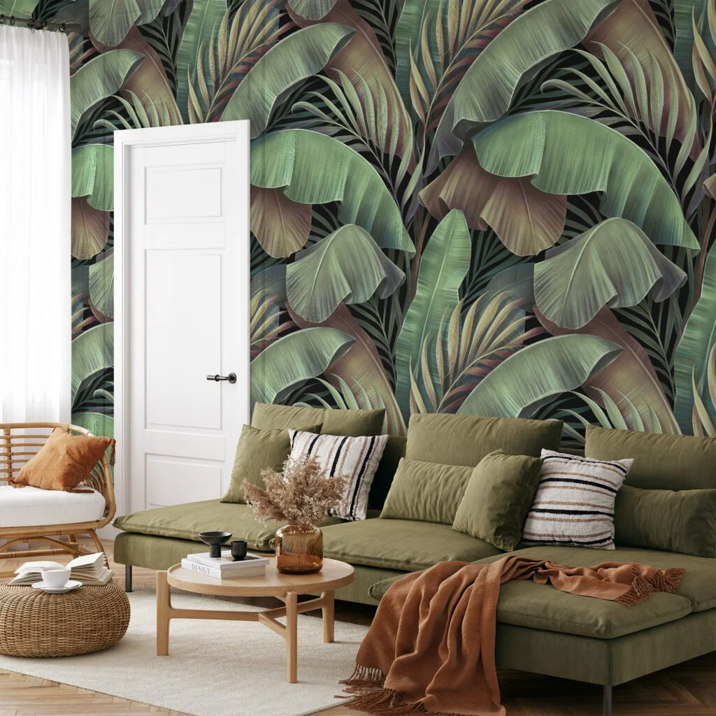 Büyük Tropikal Yeşil Muz Yaprakları Desenli Duvar Kağıdı, Doğa İlhamlı 3D Duvar Kağıdı Yaprak Desenli Duvar Kağıtları 2