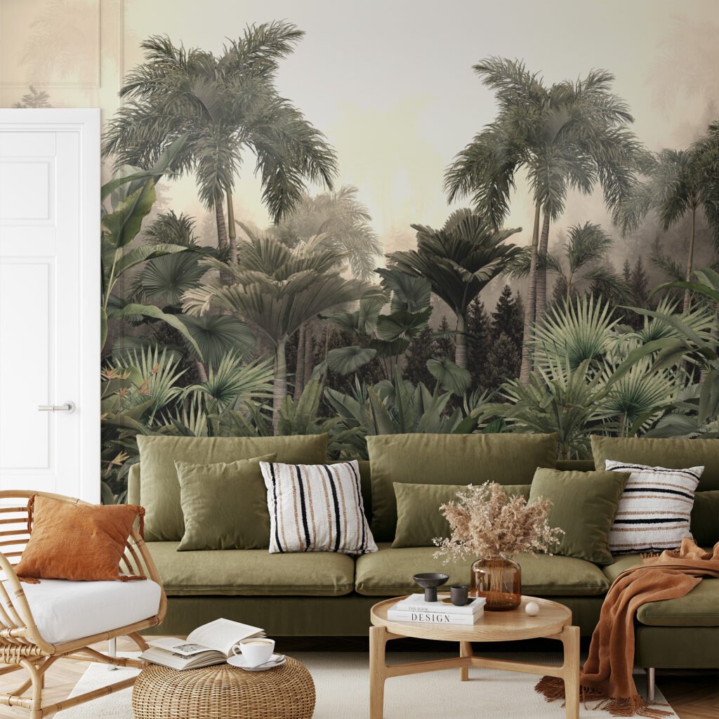 Sisli Orman Temalı Duvar Kağıdı, Palmiye Ağaçlı ve Büyük Yapraklı Tropikal Egzotik Tasarımlı 3D Duvar Posteri Orman Temalı Duvar Kağıtları 5