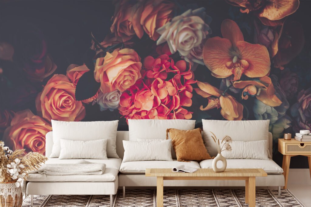 Koyu Arka Planlı Çiçek Buketi Duvar Kağıdı, Renkli Bir Duvar Dekoru için 3D Duvar Posteri Çiçekli Duvar Kağıtları 2