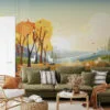 Whimsical Cartoon Style Forest Illustration Wallpaper for a Playful and Vibrant Home Decor during Fall Season
