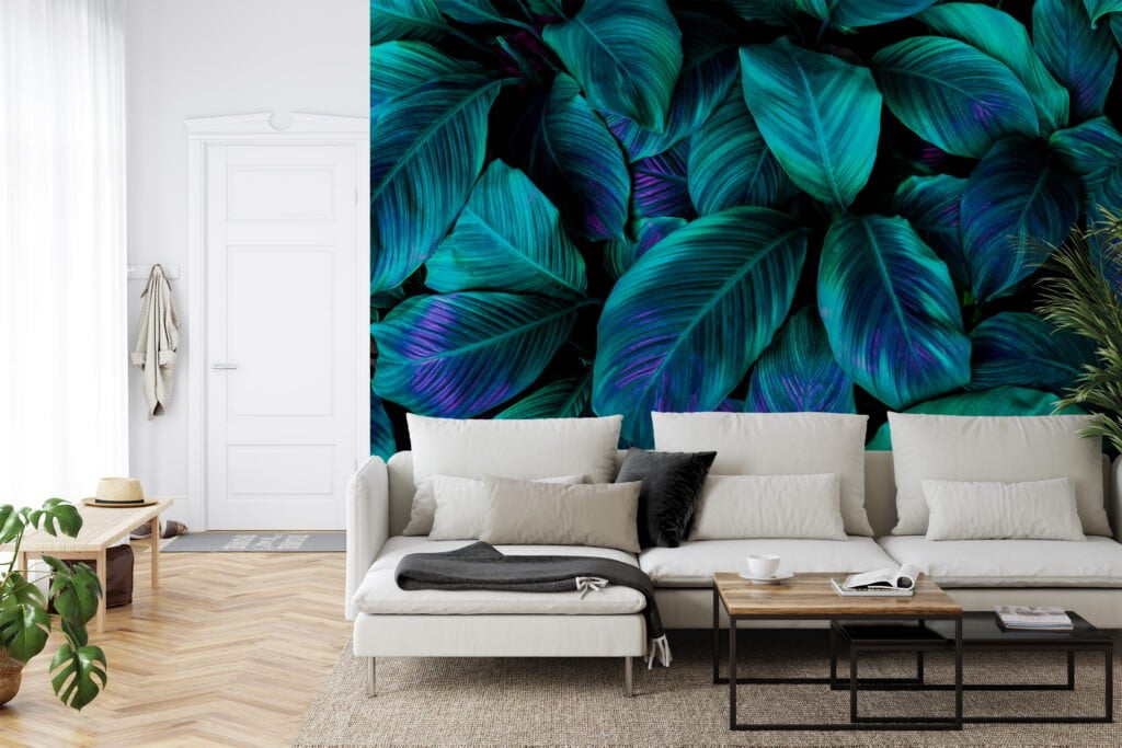 Yemyeşil Tropikal Yeşil Cannifolium Yapraklar, Mor Vurgularıyla Duvar Kağıdı, Güzel 3D Duvar Kağıdı Yaprak Desenli Duvar Kağıtları 5